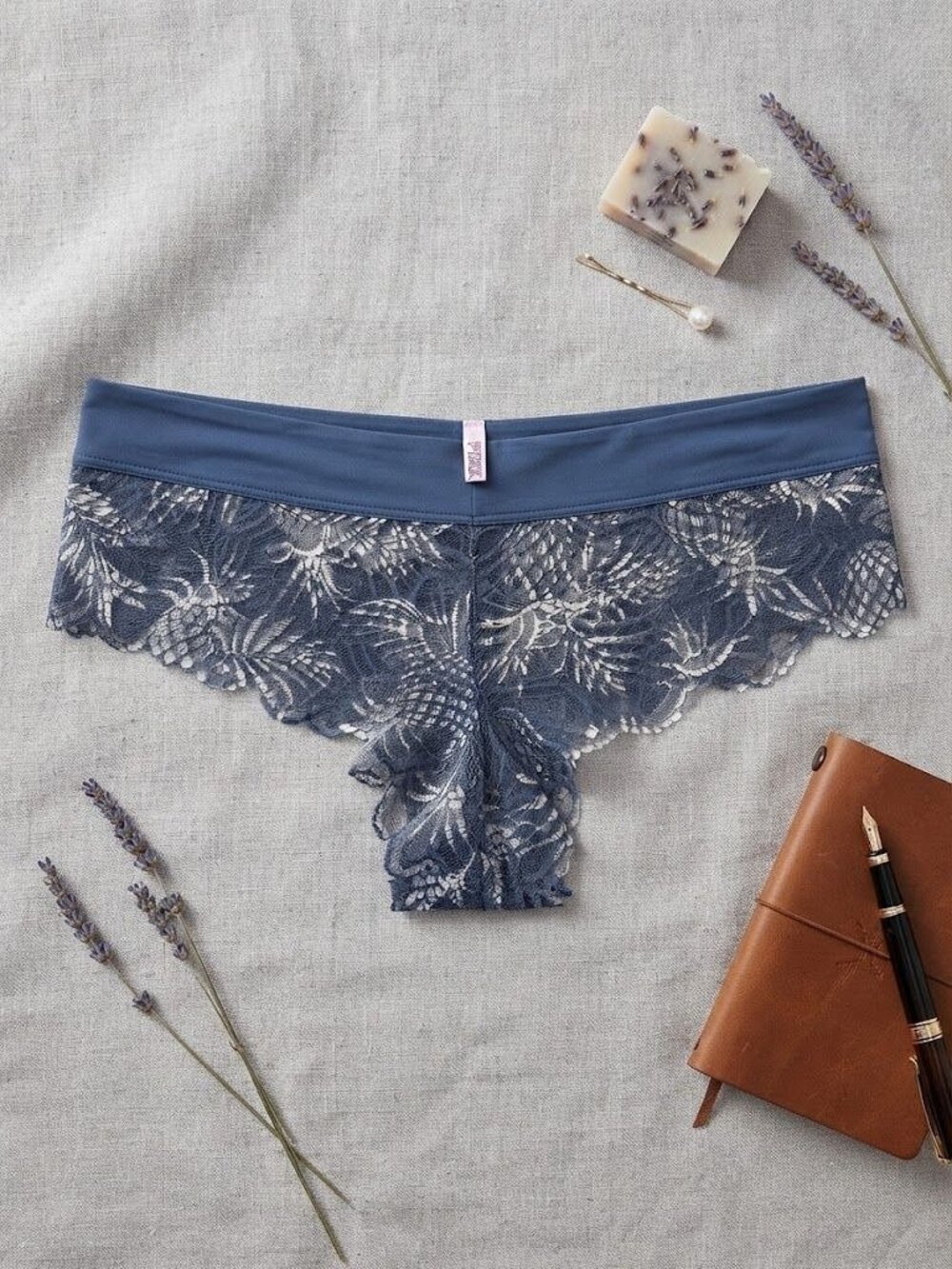 Victoria's Secret Pink Extra Low Rise Cheekster Lace Panties L Blue & Silver